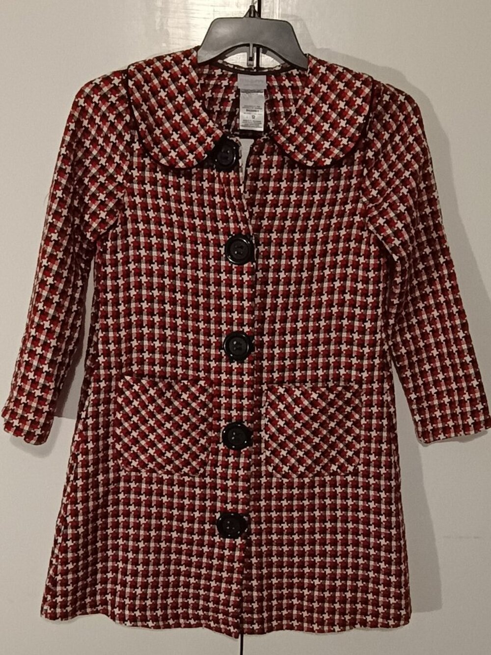 Iris & Ivy Girls Size 12 Red Black White Tweed Houndstooth Peter Pan Collar Coat - Picture 2 of 10
